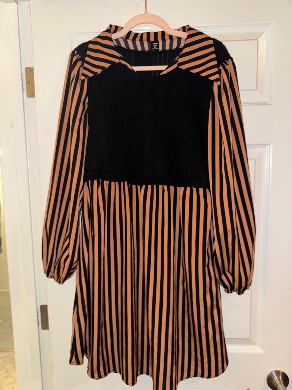 Black and Tan/Orangeish Striped Long-Sleeve Dress